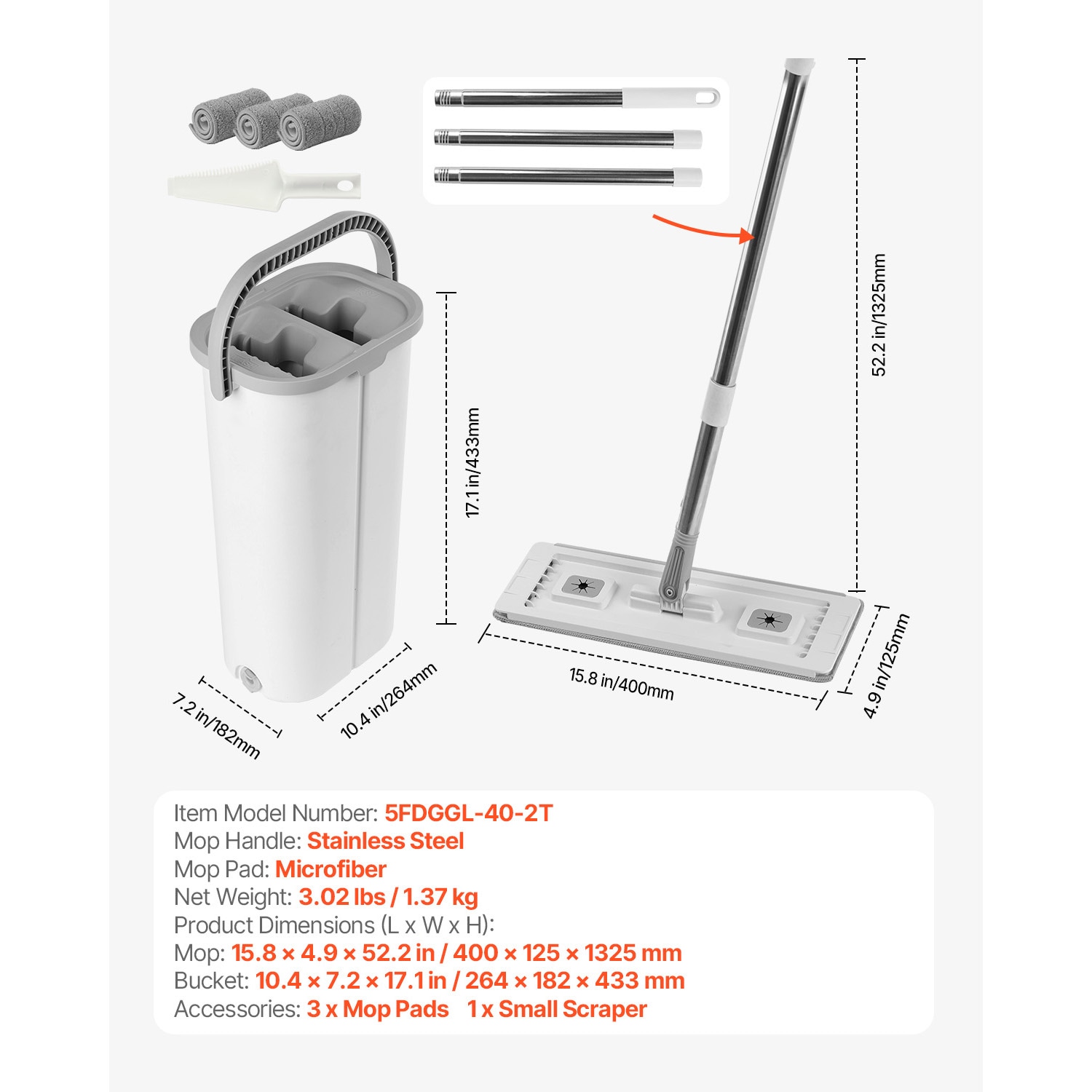 Flat Mop And Bucket Set With Wringer And 3 Microfiber Pads_voghion.com